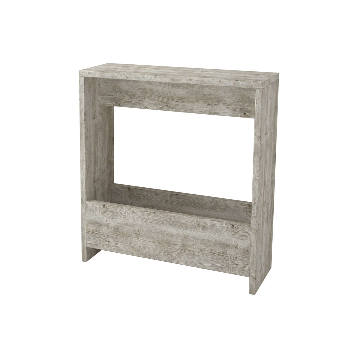 Side table with magazine rack, weathered light gray wood finish, open front storage