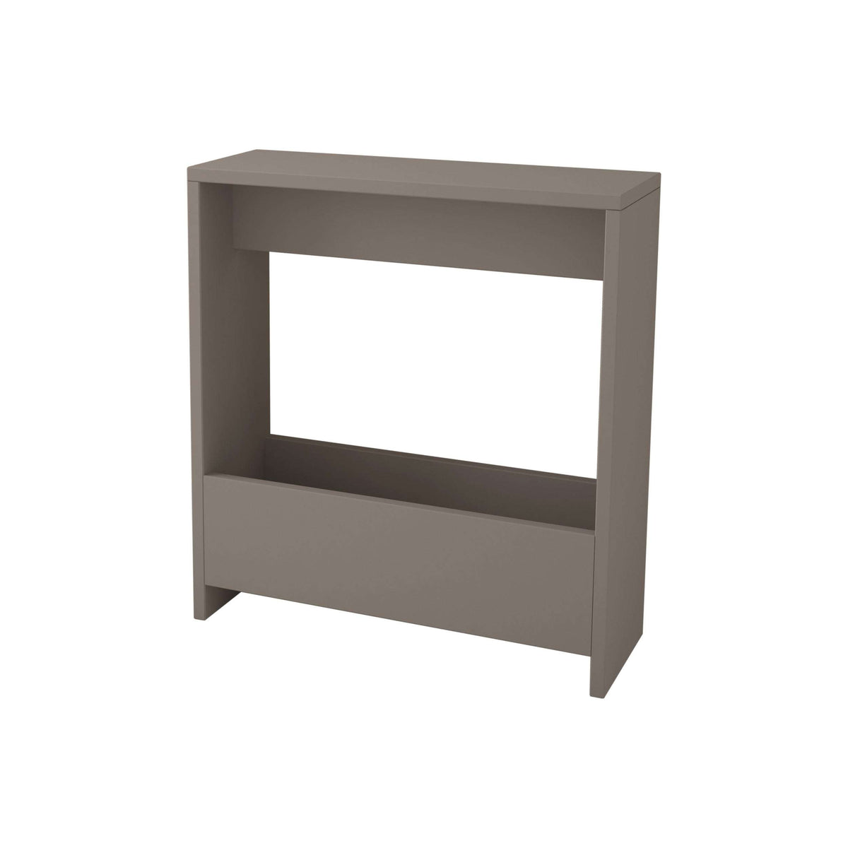 Side table with magazine rack, taupe gray finish with open front storage