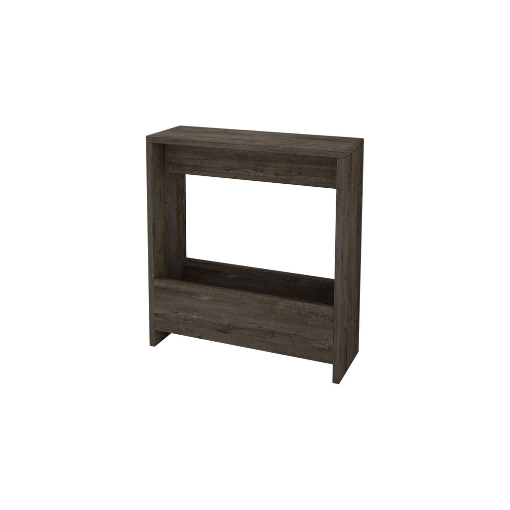 Side table with magazine rack, dark gray wood finish with open front shelving