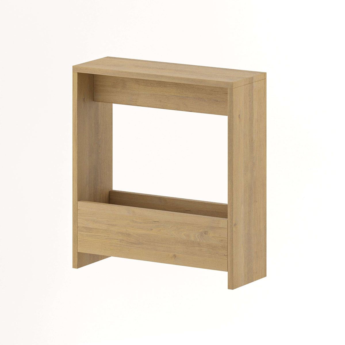 Compact side table with open magazine rack, light oak wood finish, square frame