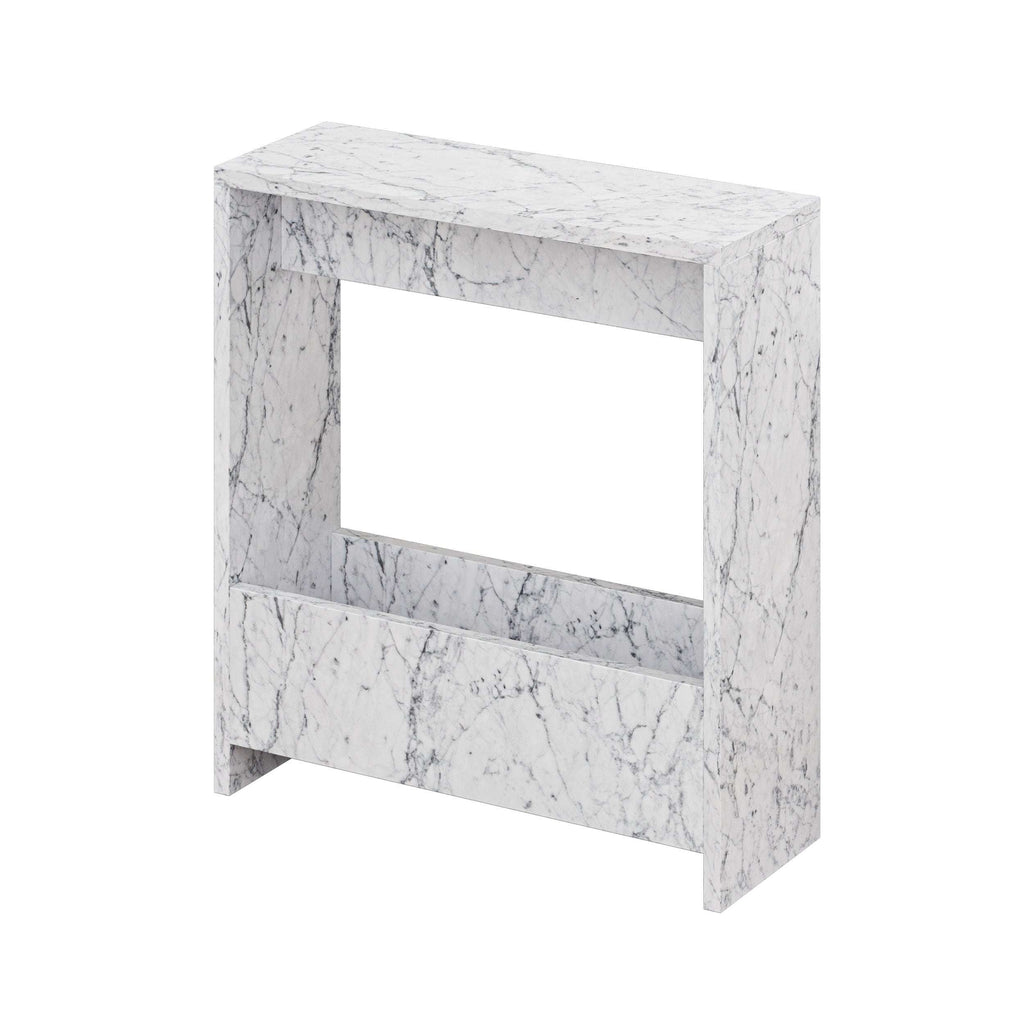 Compact side table with open magazine rack, white marble-look finish, square frame