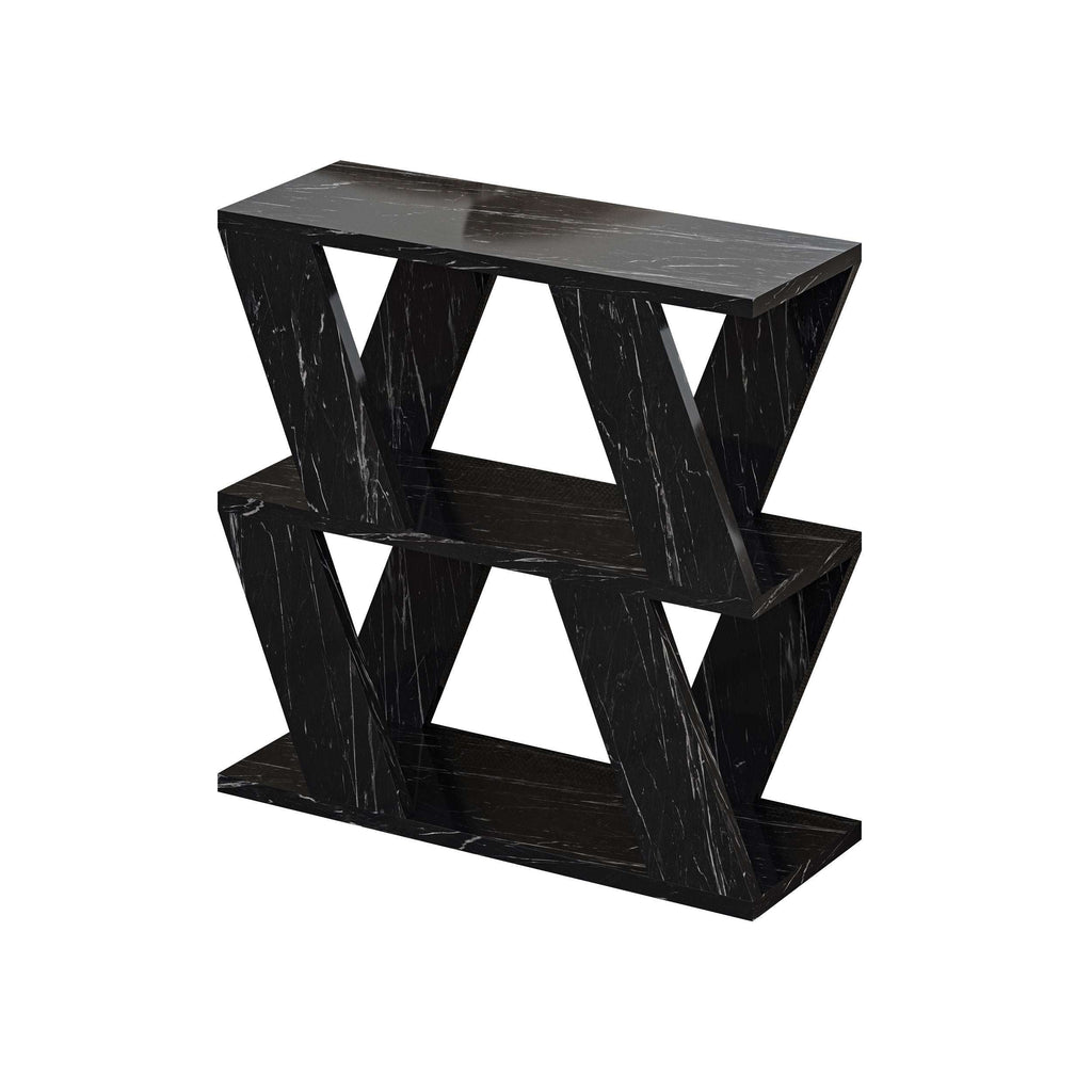 Compact modern side table in black marble finish with X-style open frame