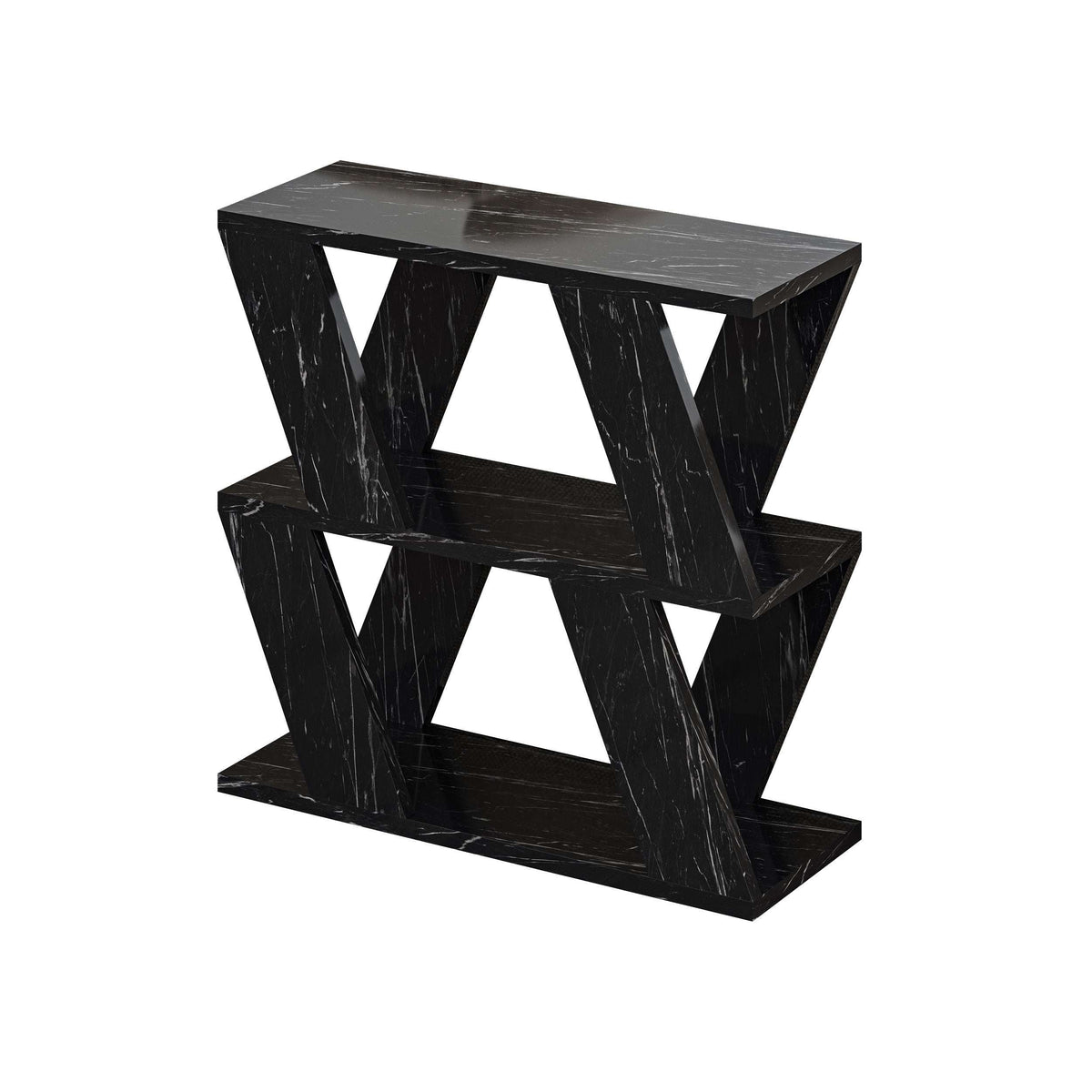 Compact modern side table in black marble finish with X-style open frame