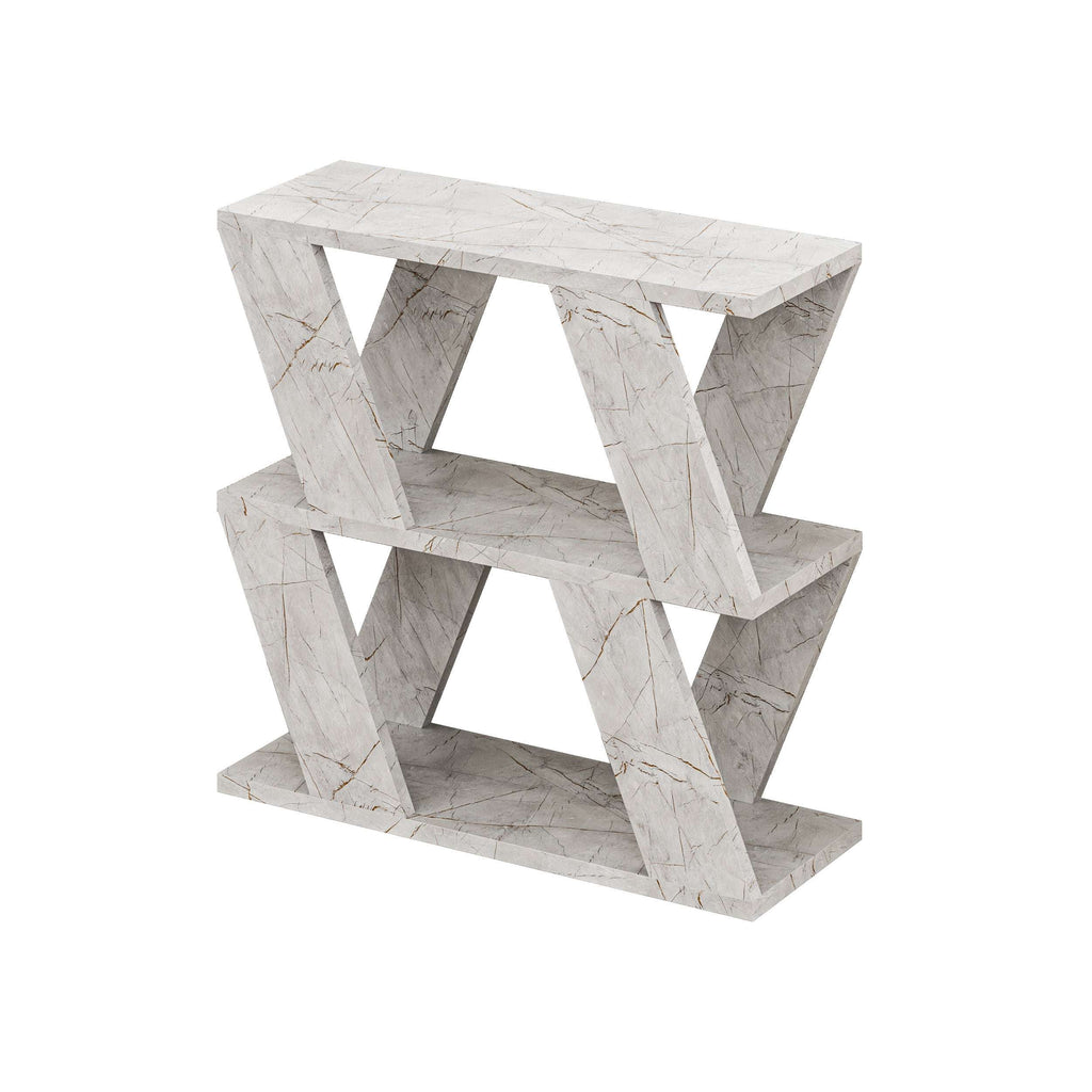 Compact modern side table in white marble finish with X-style open frame