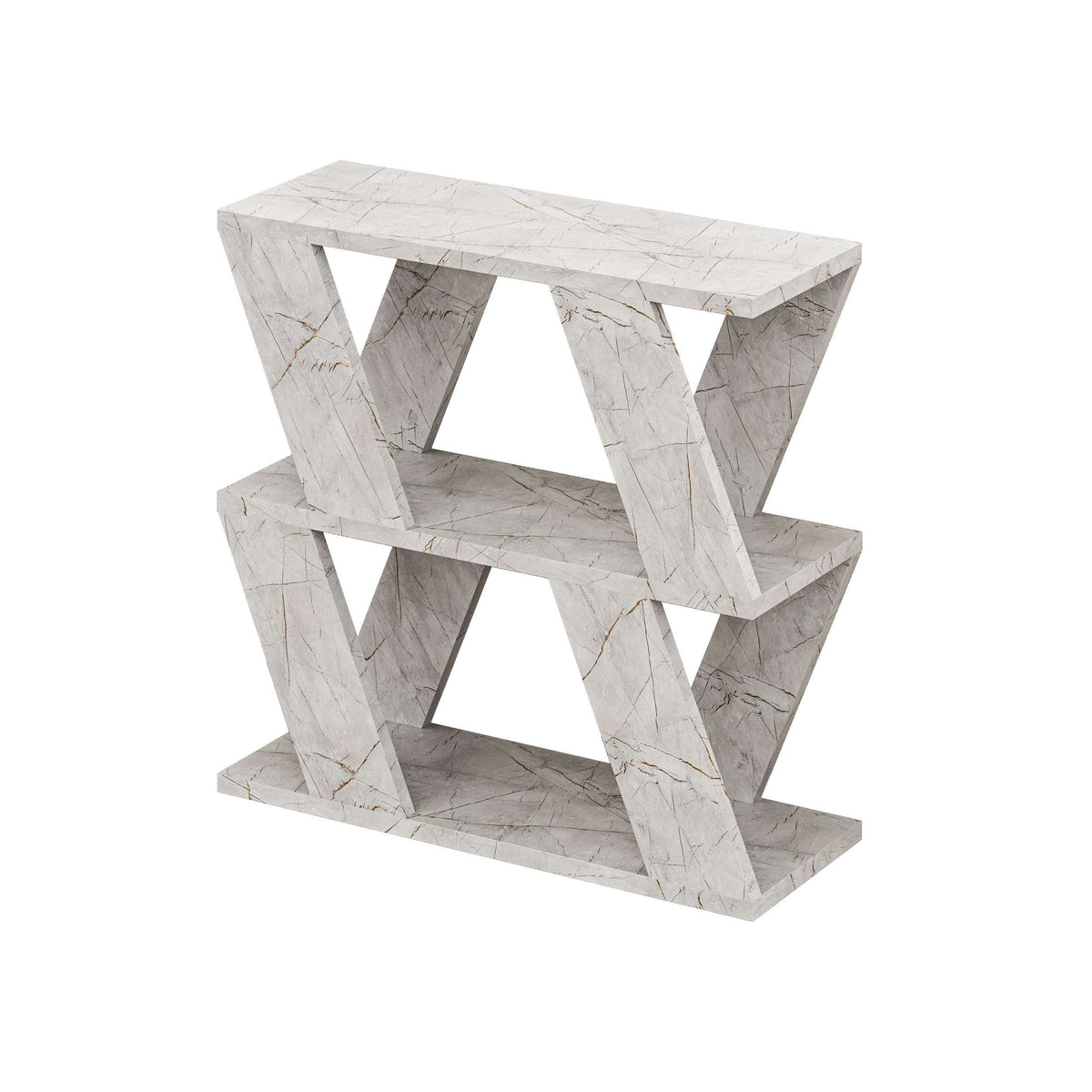 Compact modern side table in white marble finish with X-style open frame