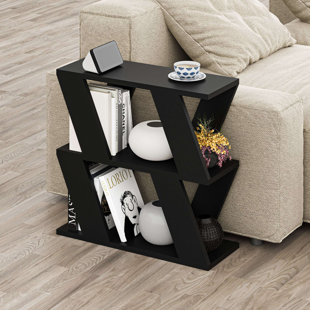 Black compact side table with open shelves and geometric crisscross legs