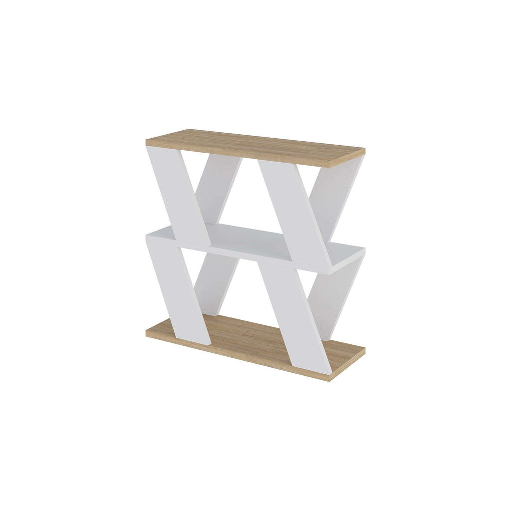 Compact modern side table with white frame and light wood top, open X design