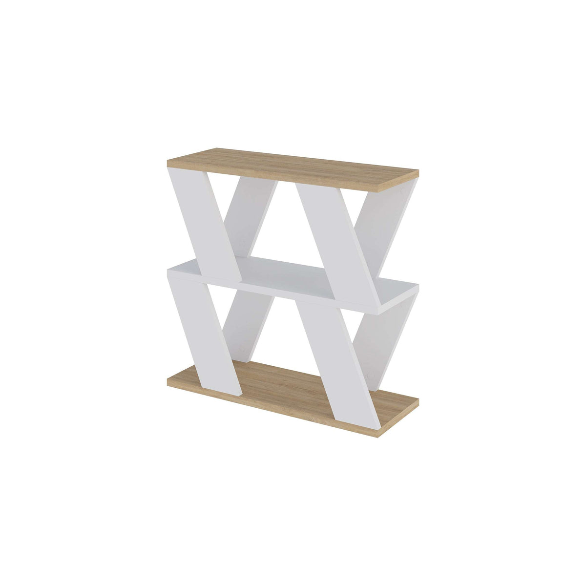 Compact modern side table with white frame and light wood top, open X design