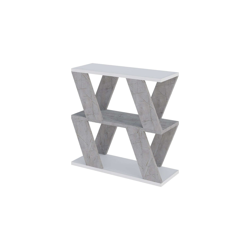 Compact modern side table with light gray marble finish and X-style open frame