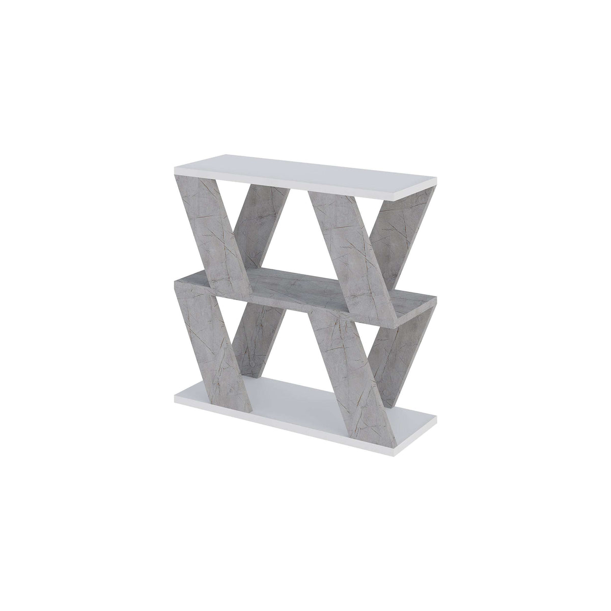 Compact modern side table with light gray marble finish and X-style open frame