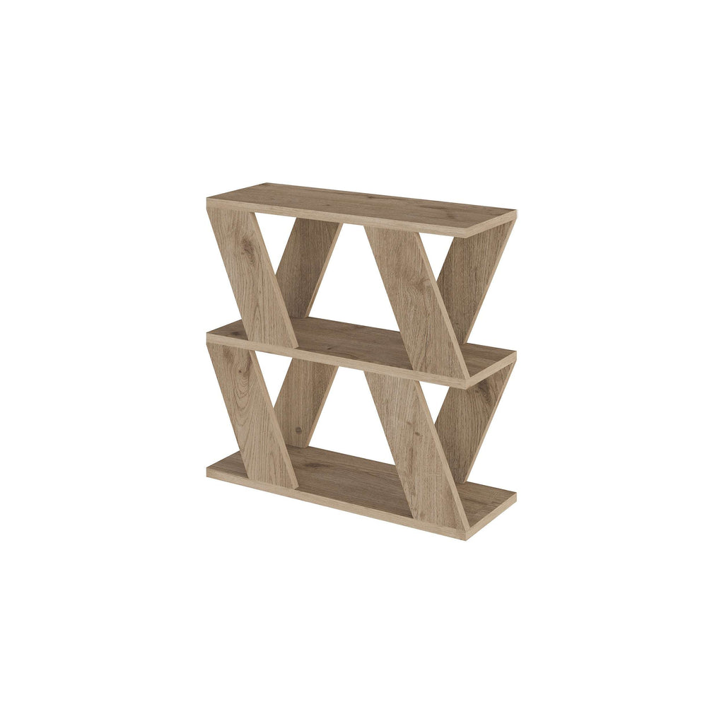 Compact modern side table in light wood tone with X-style open frame and shelf