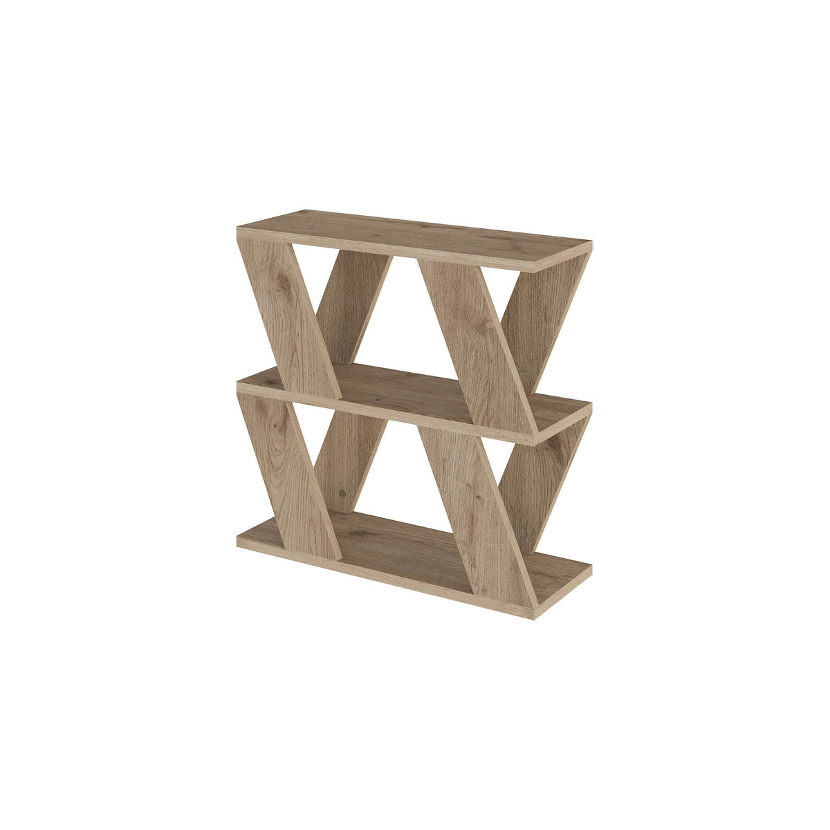 Compact modern side table in light wood tone with X-style open frame and shelf
