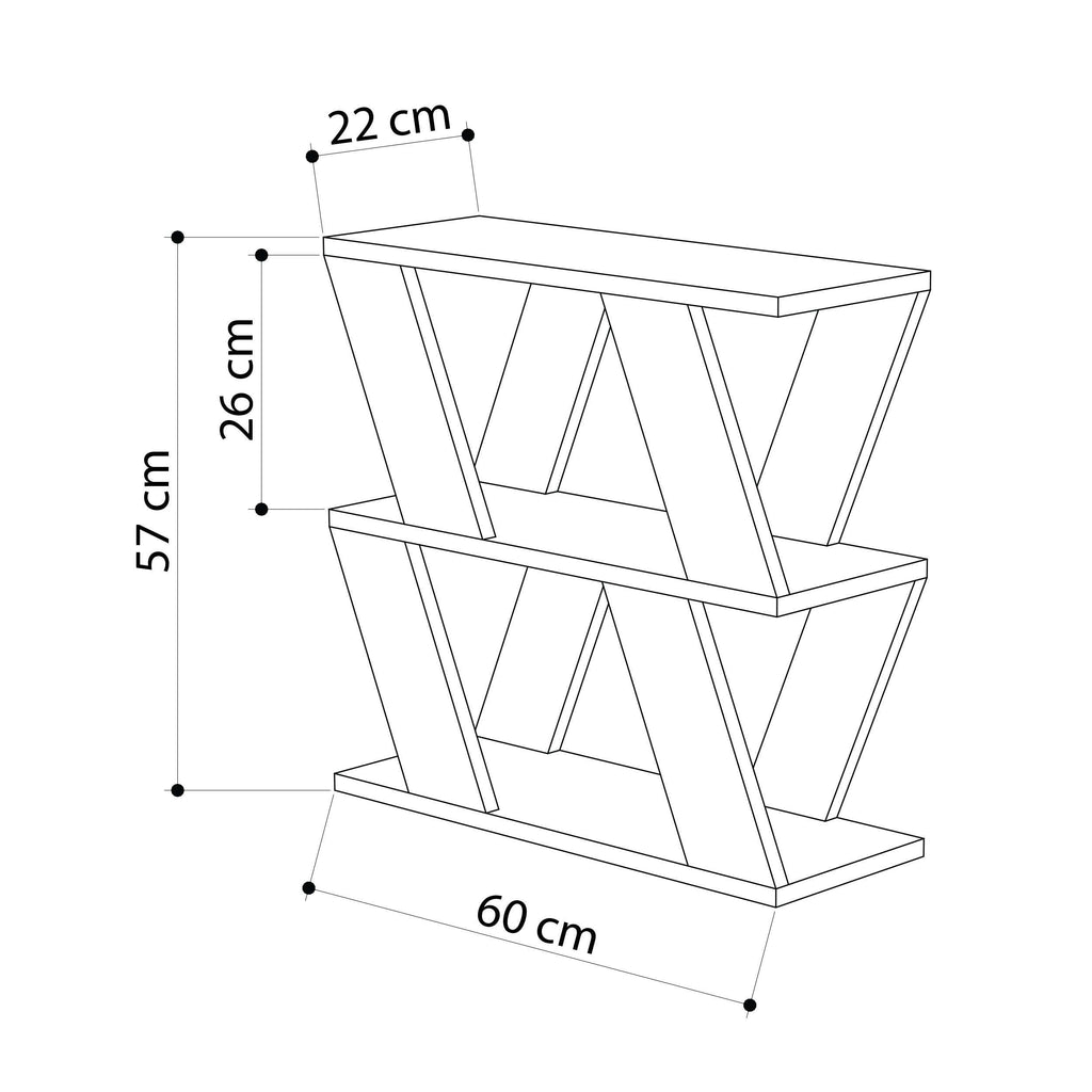 Compact modern side table size diagram: 60cm wide, 57cm tall, 22cm deep