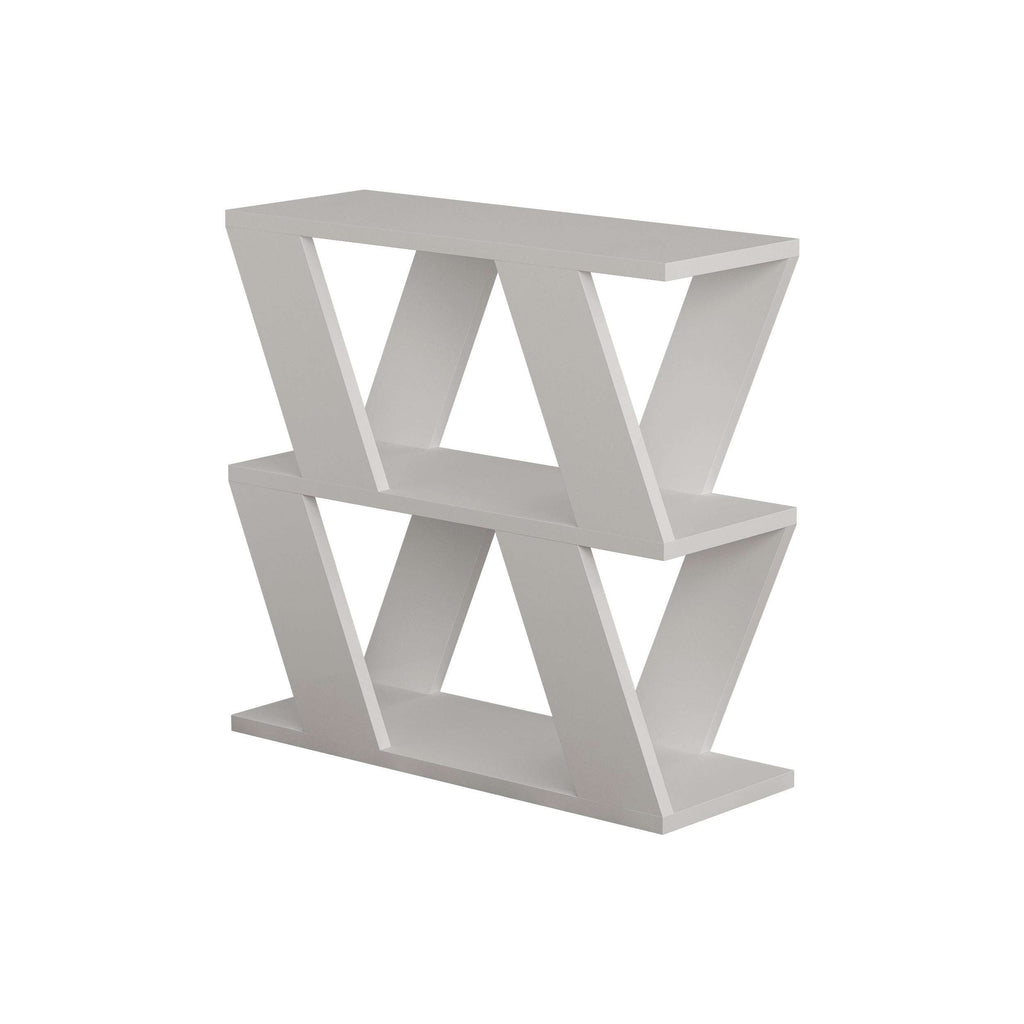 White compact side table with open shelves and geometric crisscross frame