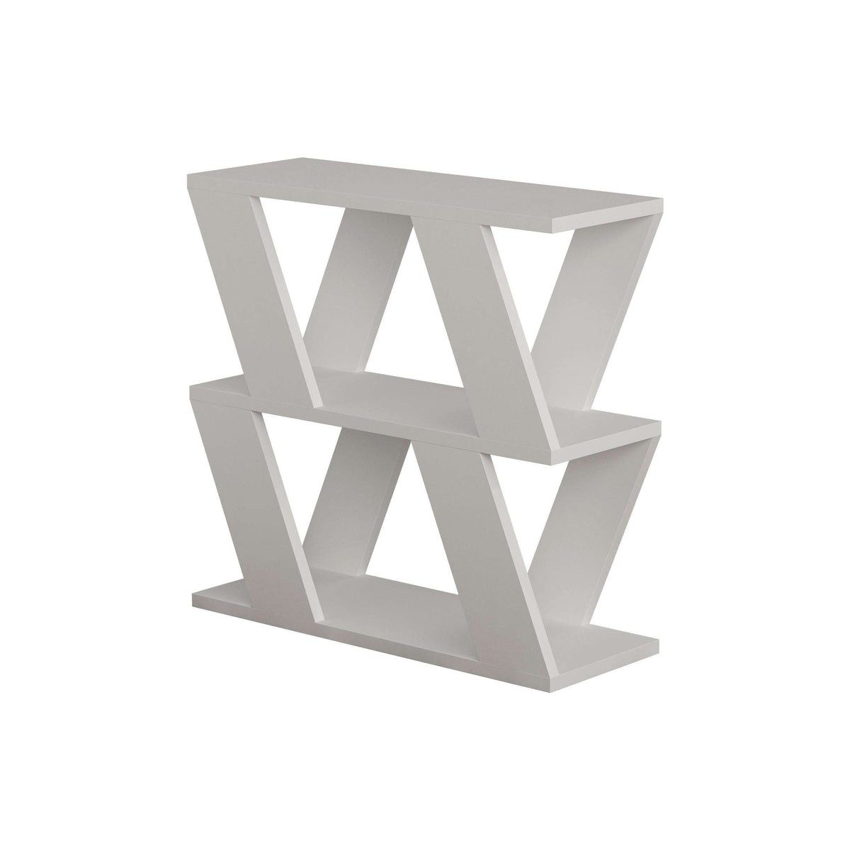 White compact side table with open shelves and geometric crisscross frame