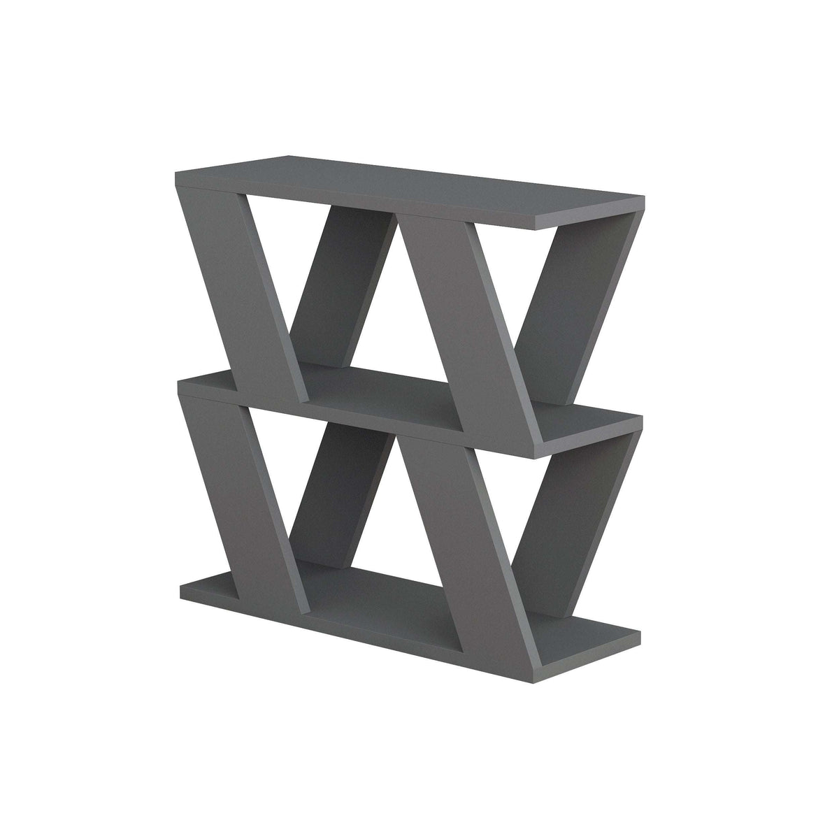 Gray compact side table with open shelves and geometric crisscross frame