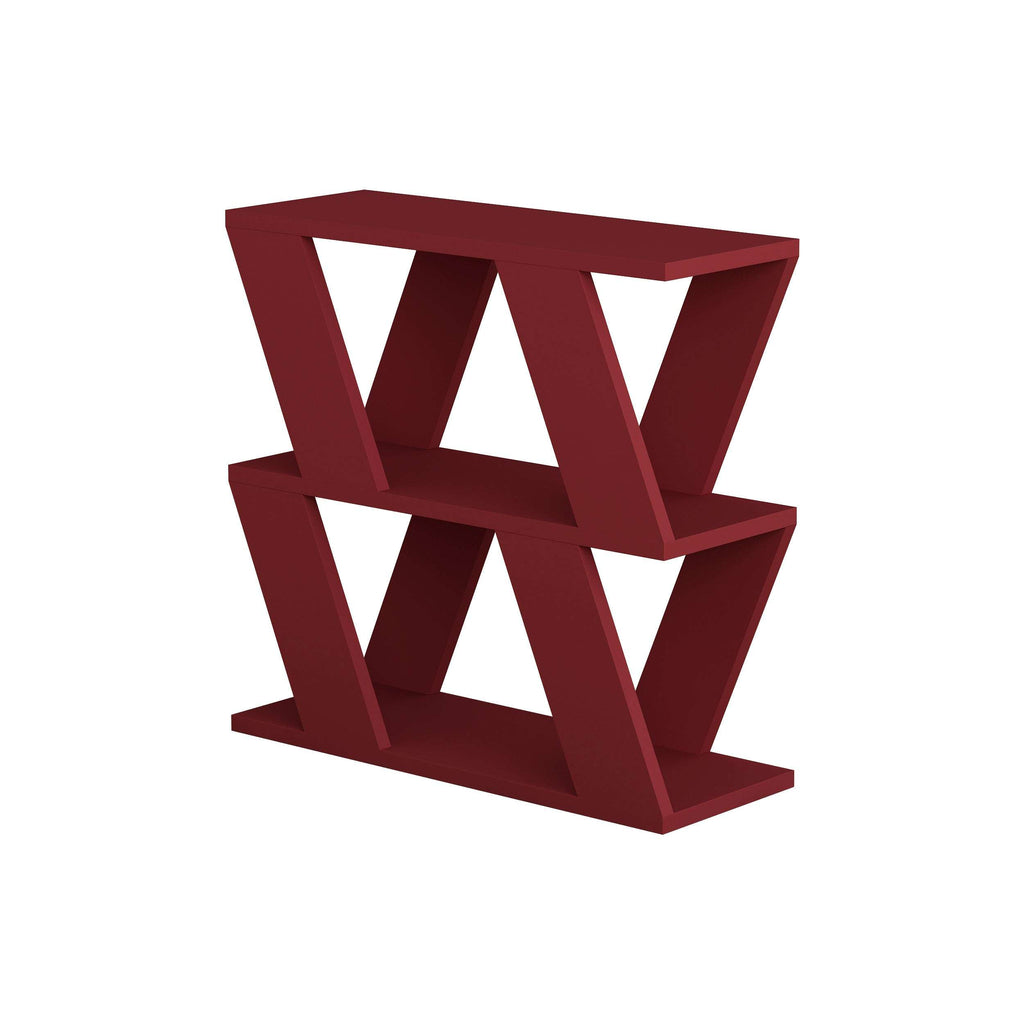Burgundy compact side table with open shelves and geometric crisscross frame