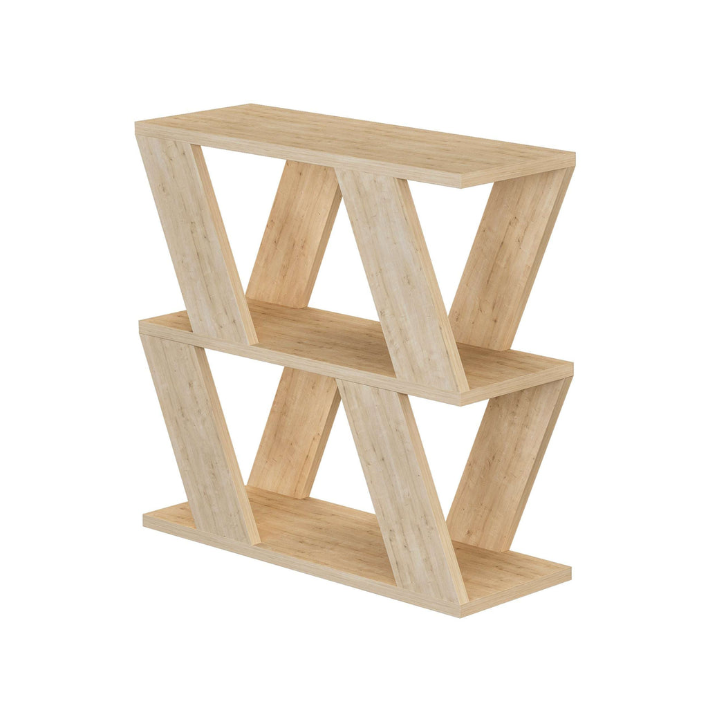 Light oak compact side table with open shelves and geometric crisscross frame