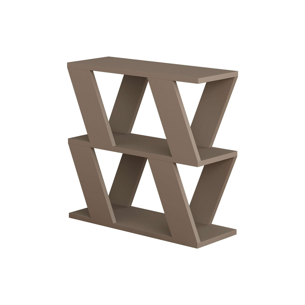 Compact modern side table with taupe X-style open frame and flat top
