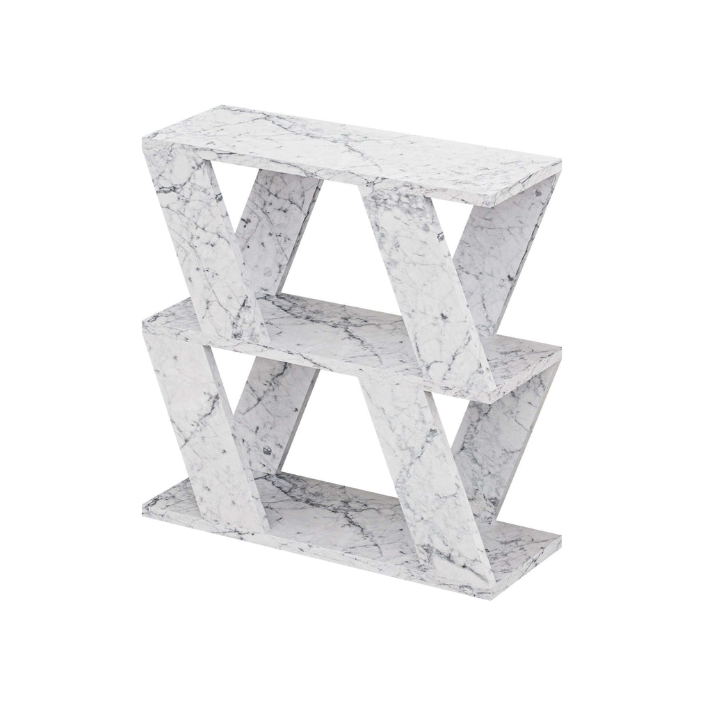 Compact modern side table in white marble finish with X-style open frame