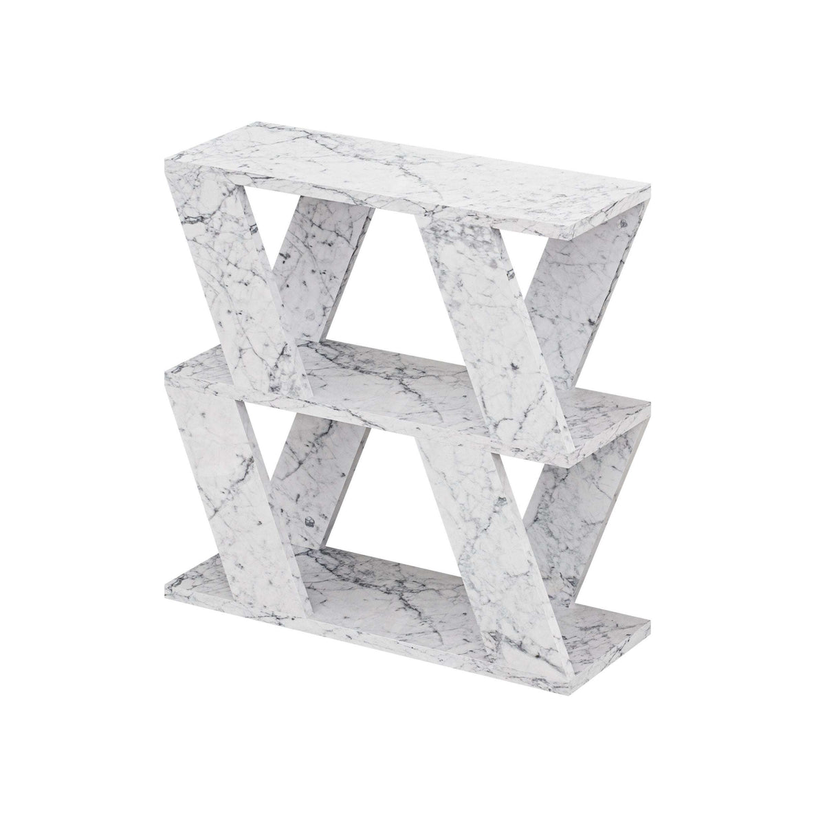 Compact modern side table in white marble finish with X-style open frame
