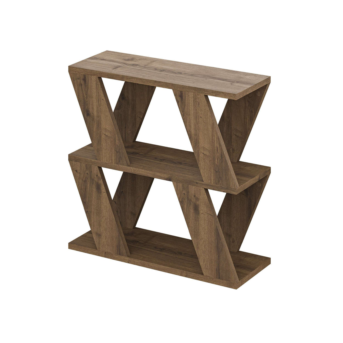 Compact modern side table in warm wood tone with X-style open frame and shelf