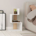 White side end table with oak open shelves and three-tier display