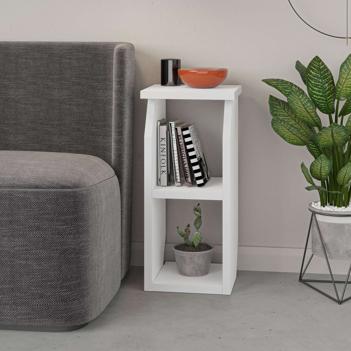 White modern side table with two open shelves and flat tabletop