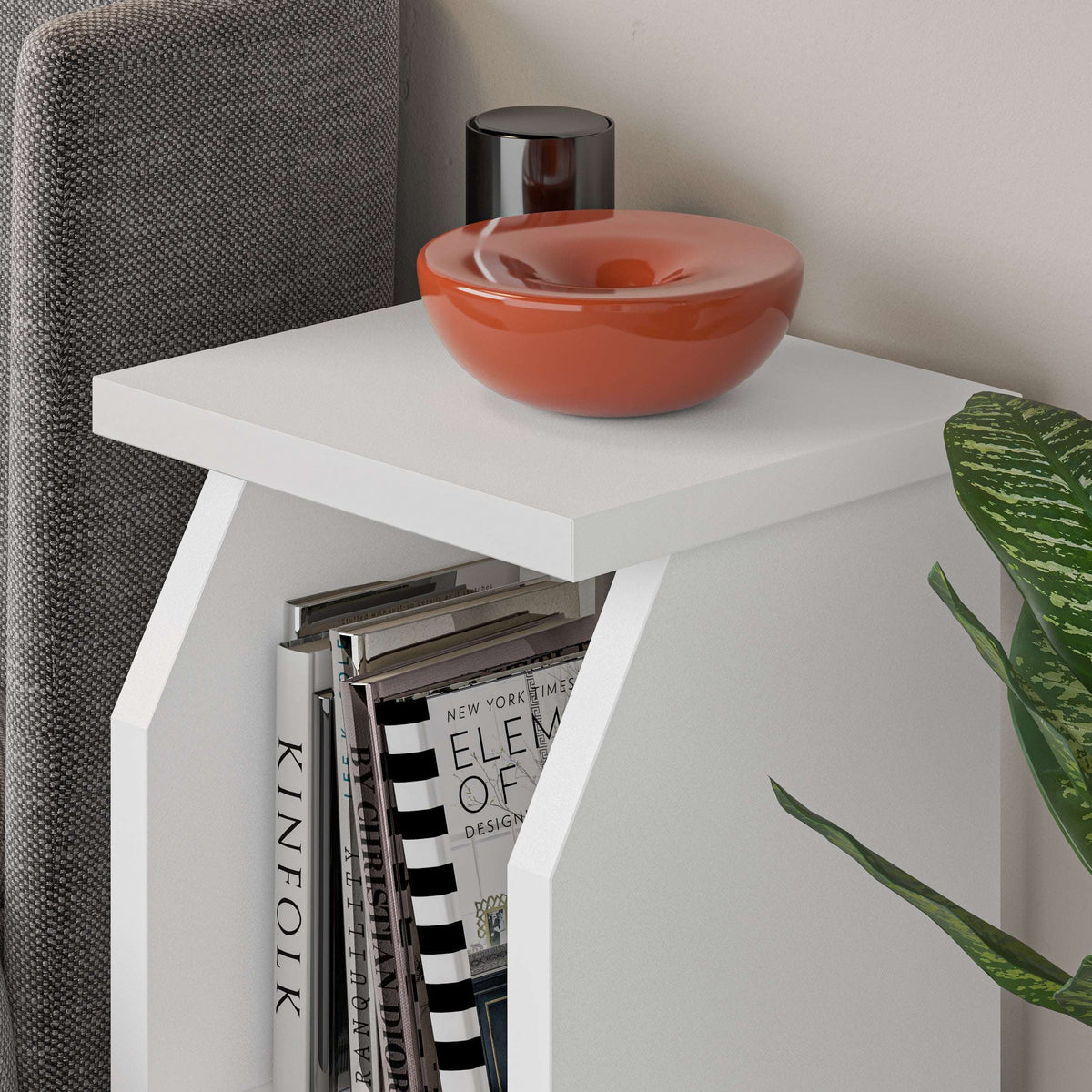 White modern side table with flat top and open lower shelf