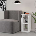 White modern side table with open shelving and flat top
