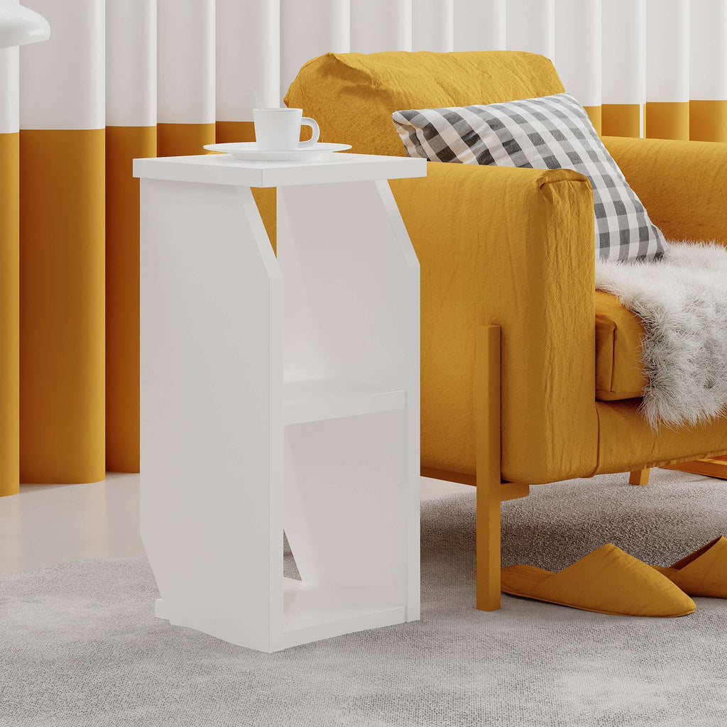 White modern side table with two open shelves and flat top