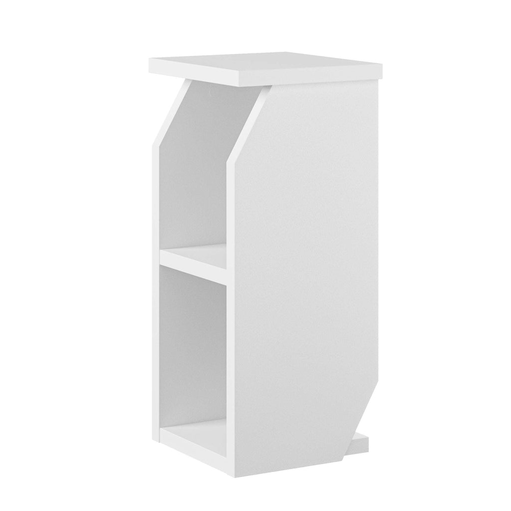 White modern side table with angled legs and two open shelves