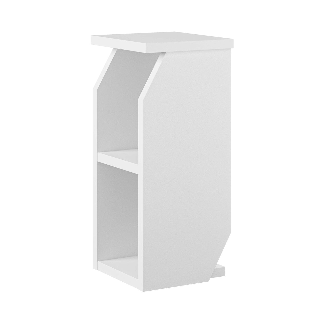 White modern side table with angled legs and two open shelves