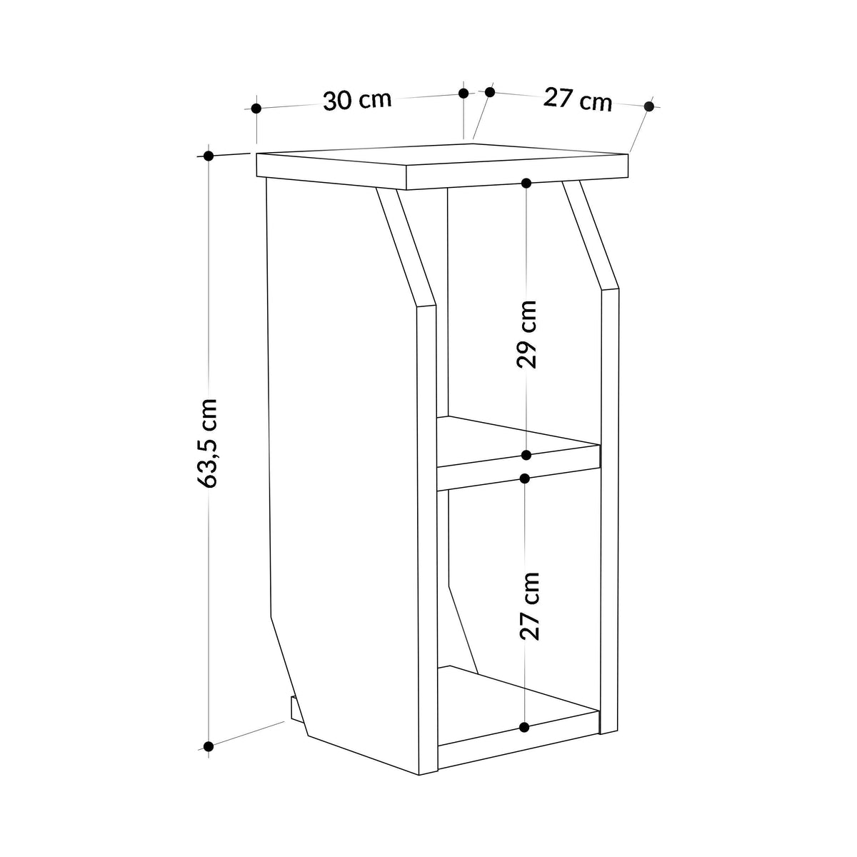 Tena modern side table dimensions diagram, 30 cm wide and 63.5 cm high