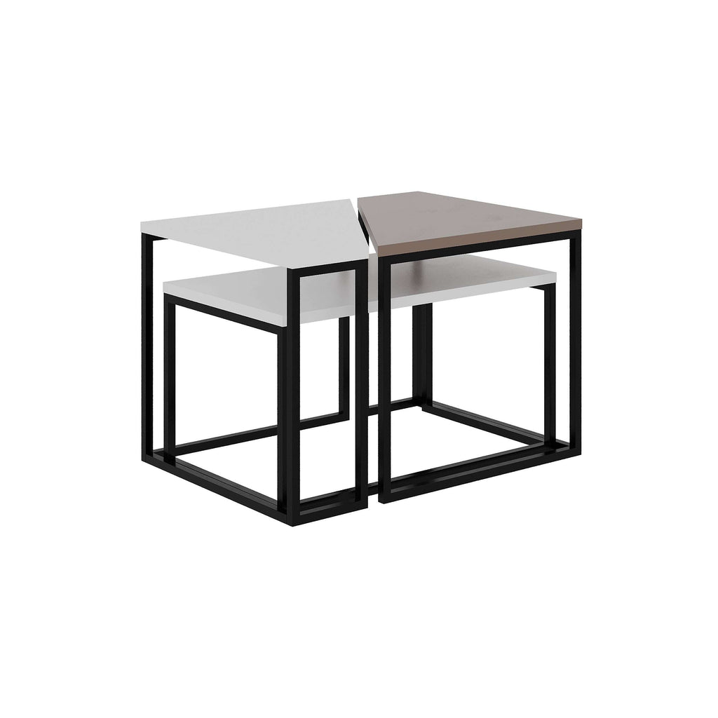 Modern nesting coffee table set with white and brown tops and black metal frames