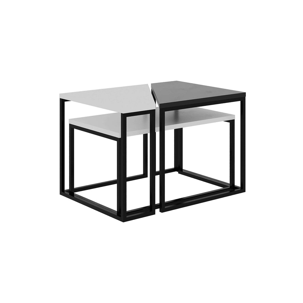 Modern nesting coffee table set with white and dark gray tops and black metal frames