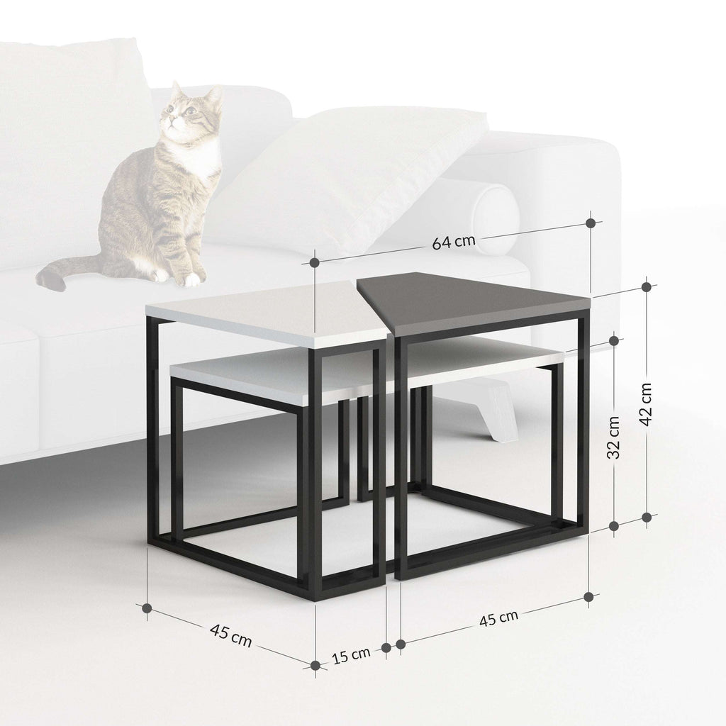 Nesting coffee table set with black frame, gray/white tops, and size measurements