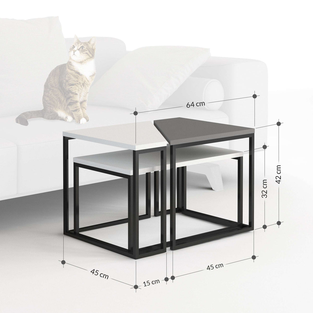 Nesting coffee table set with black frame, gray/white tops, and size measurements