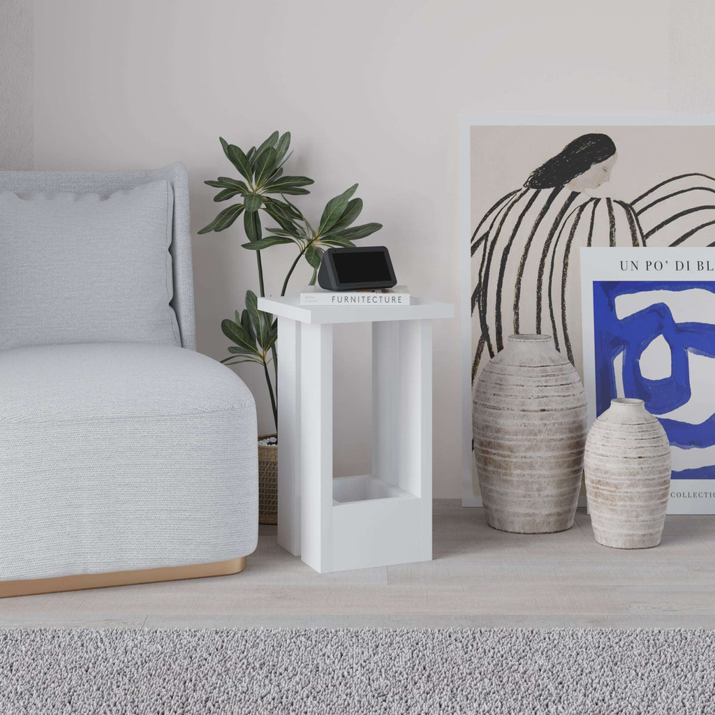 Compact white side table with open shelf and flat top