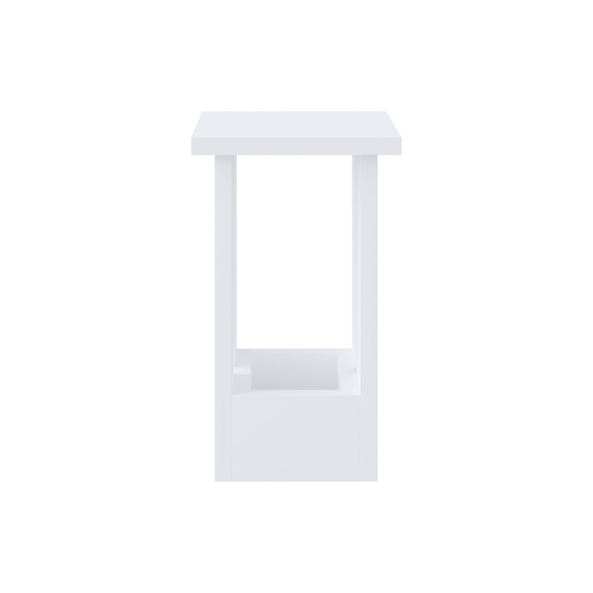 Rectangular white side table with open shelf and flat top