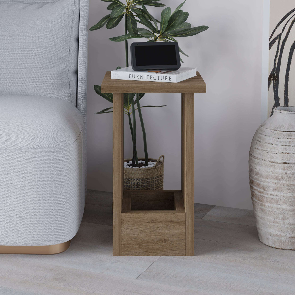 Wooden side table with open shelf and square legs, natural oak finish