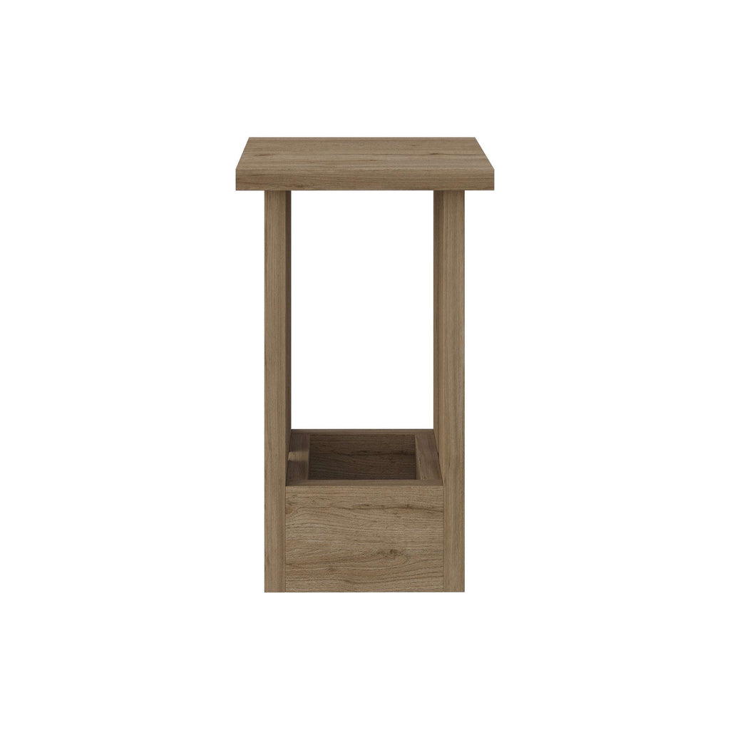 Rectangular wood side table with open shelf and flat top, natural oak finish