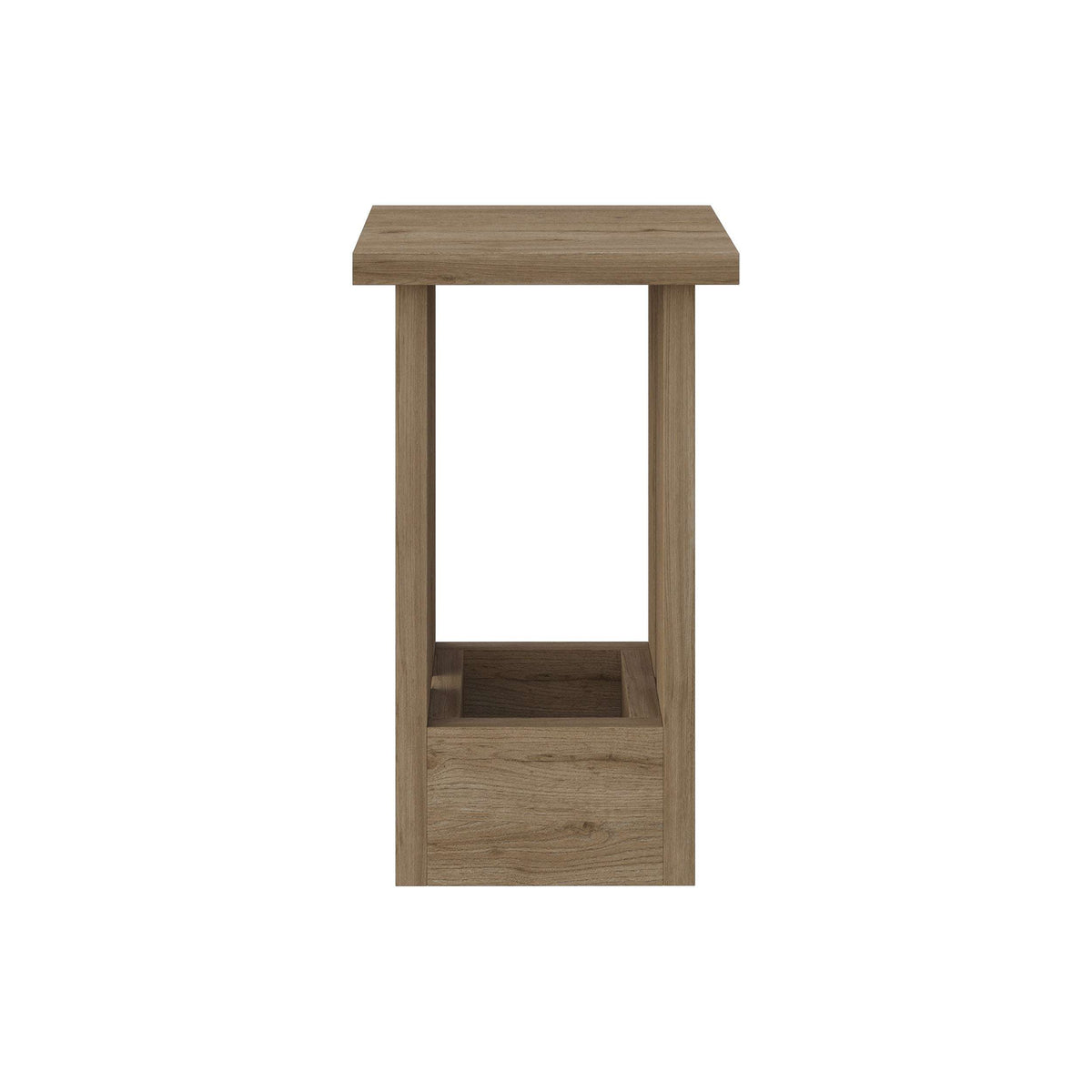 Rectangular wood side table with open shelf and flat top, natural oak finish