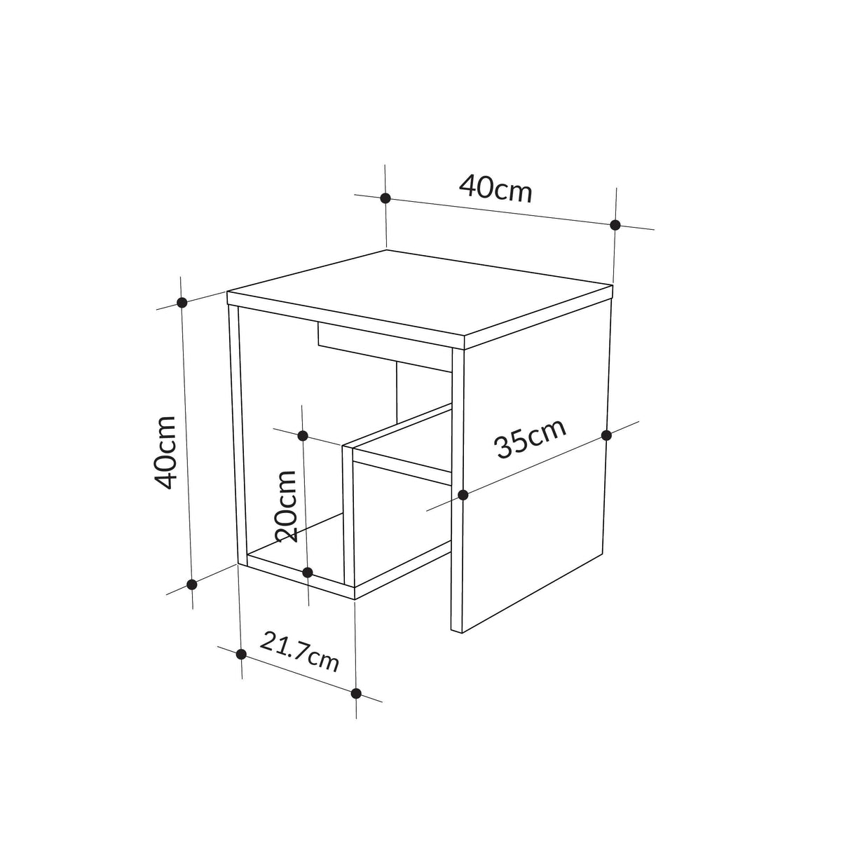 Compact side table with magazine rack, dimension diagram (40cm, 35cm)