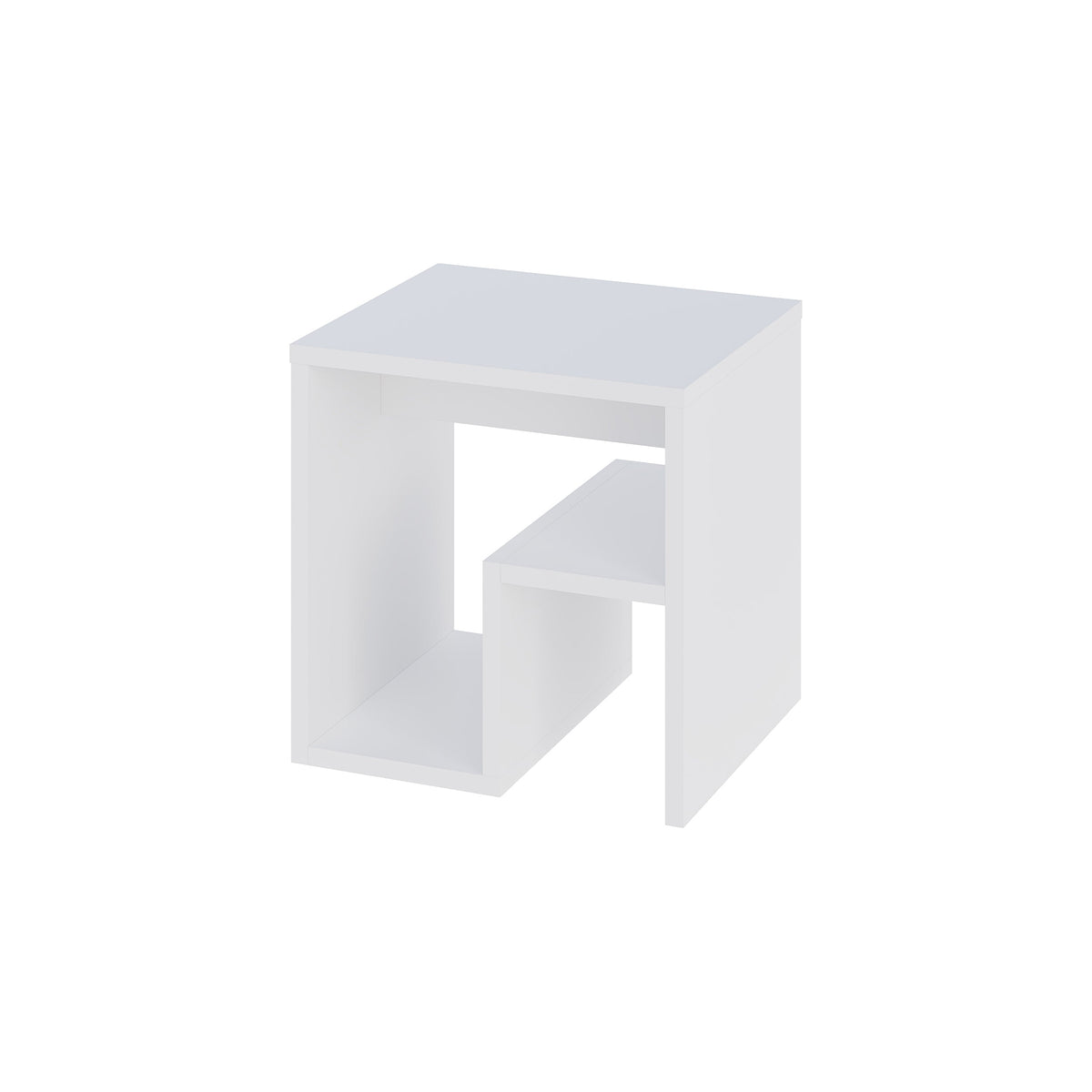 White end table with open magazine rack and tiered cube shelves