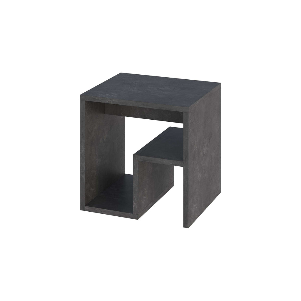 Dark grey end table with open magazine rack and tiered cube shelves
