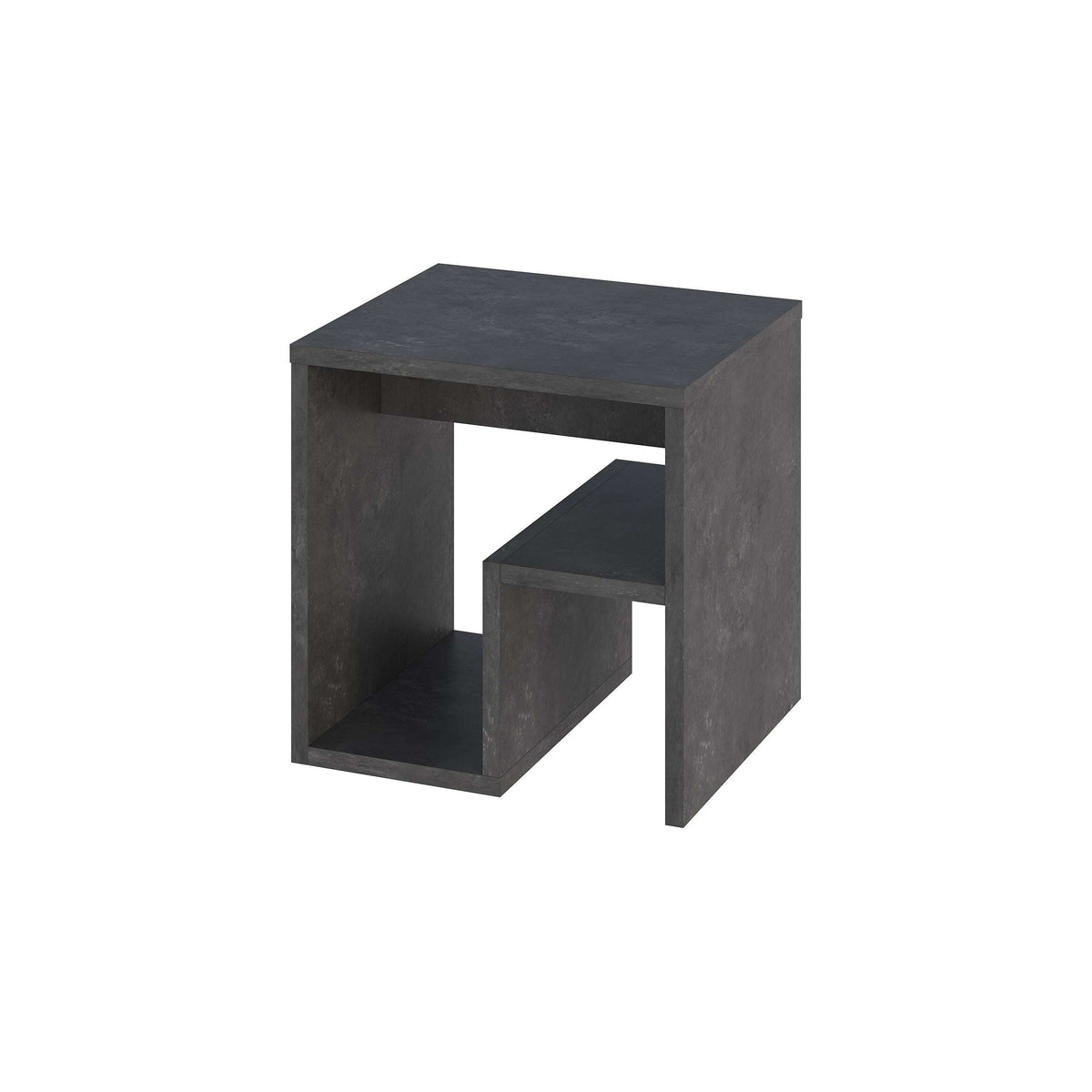 Dark grey end table with open magazine rack and tiered cube shelves