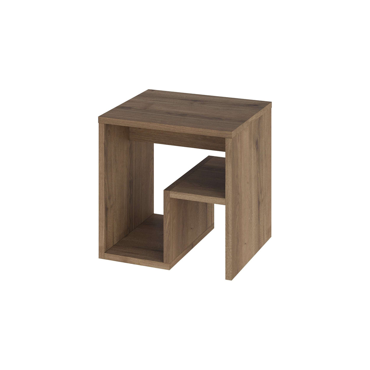 Dark oak end table with open magazine rack and tiered cube shelves
