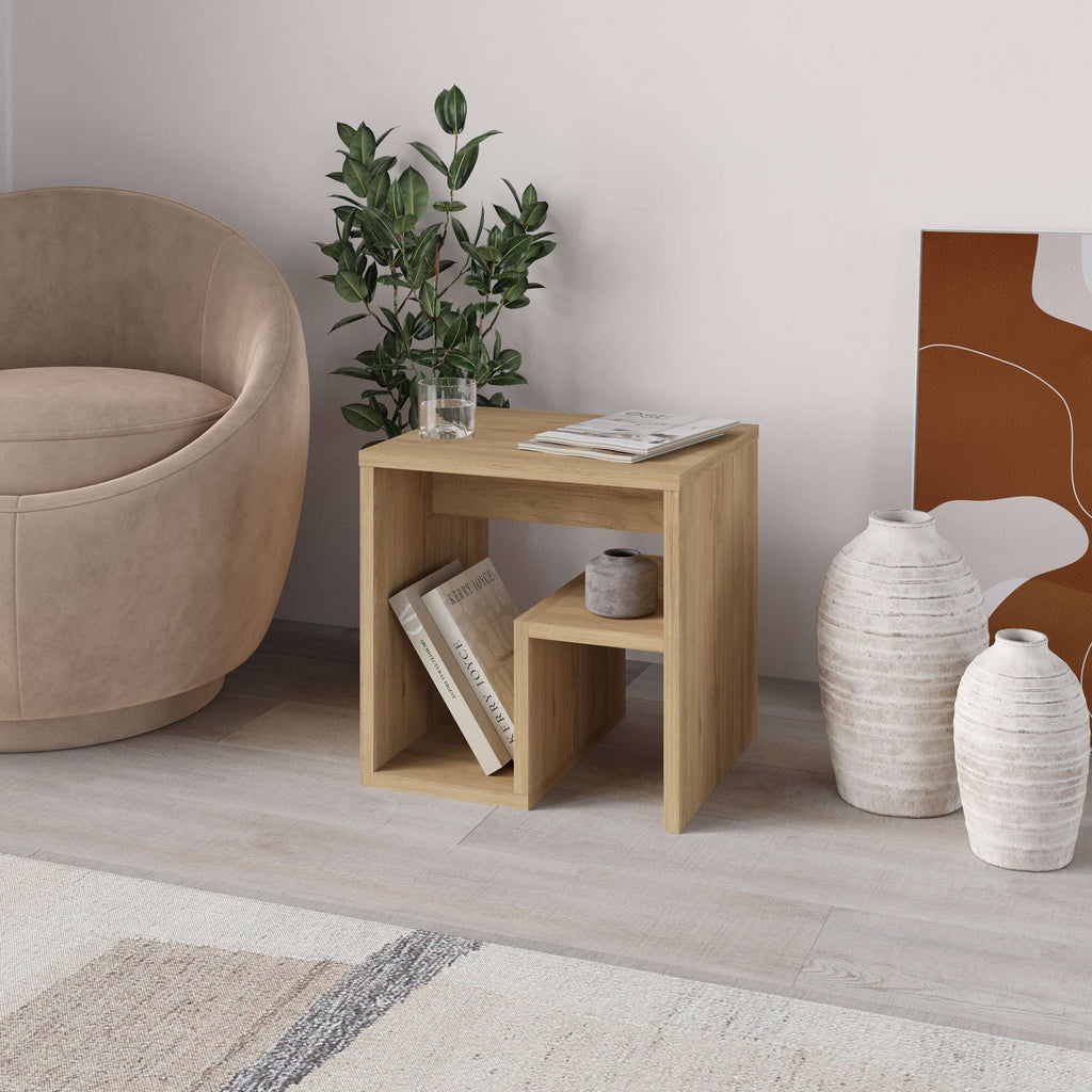 Light oak compact side table with open magazine rack and tiered shelves