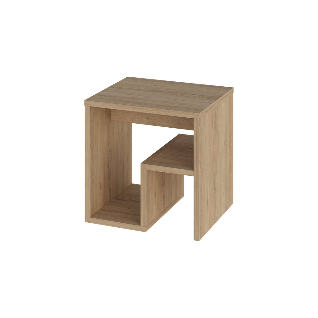 Light wood end table with open magazine rack and tiered cube shelves